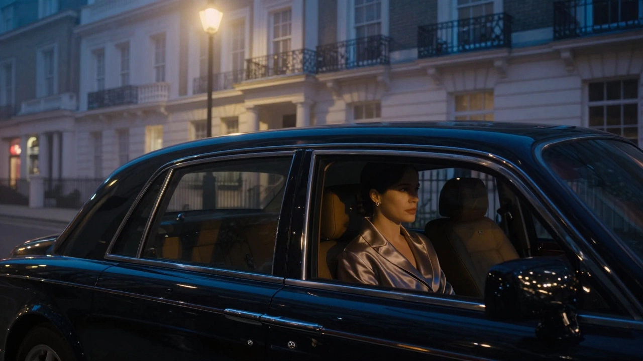 A luxury car gliding through misty London streets at night, windows tinted, city lights glowing.