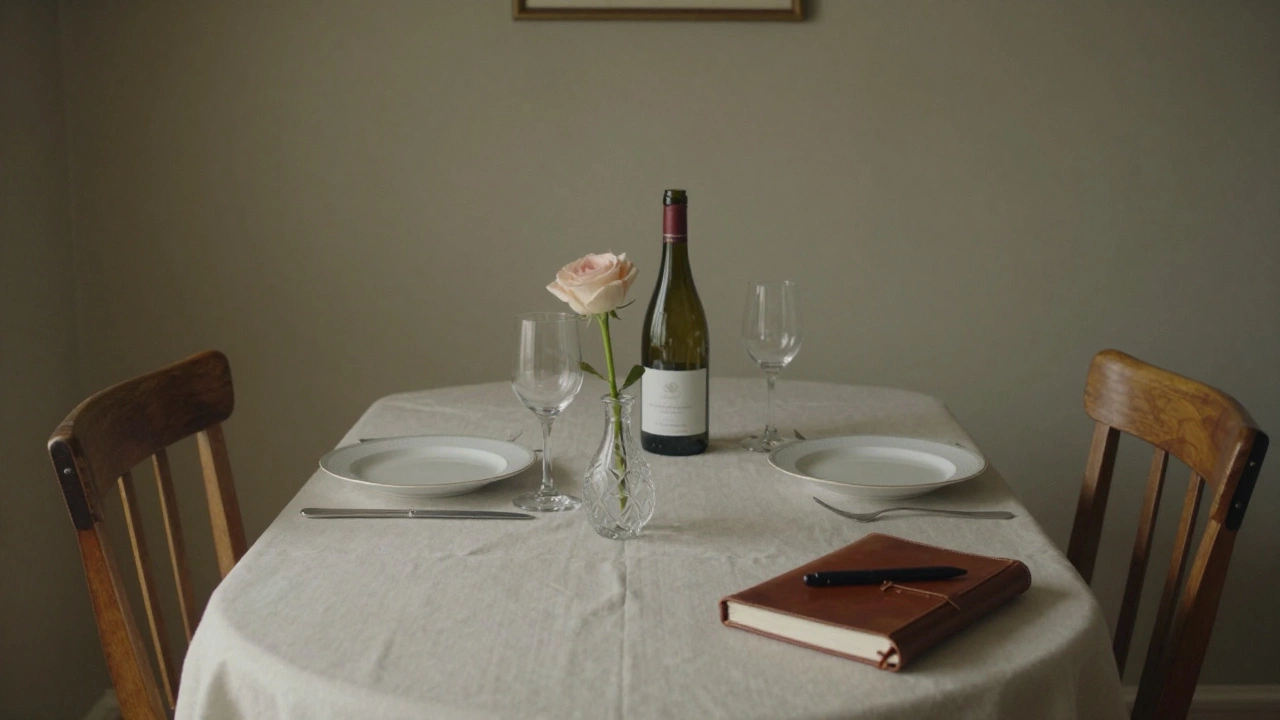 An empty dining table in a Cotswolds cottage, set for two with wine and a single rose.