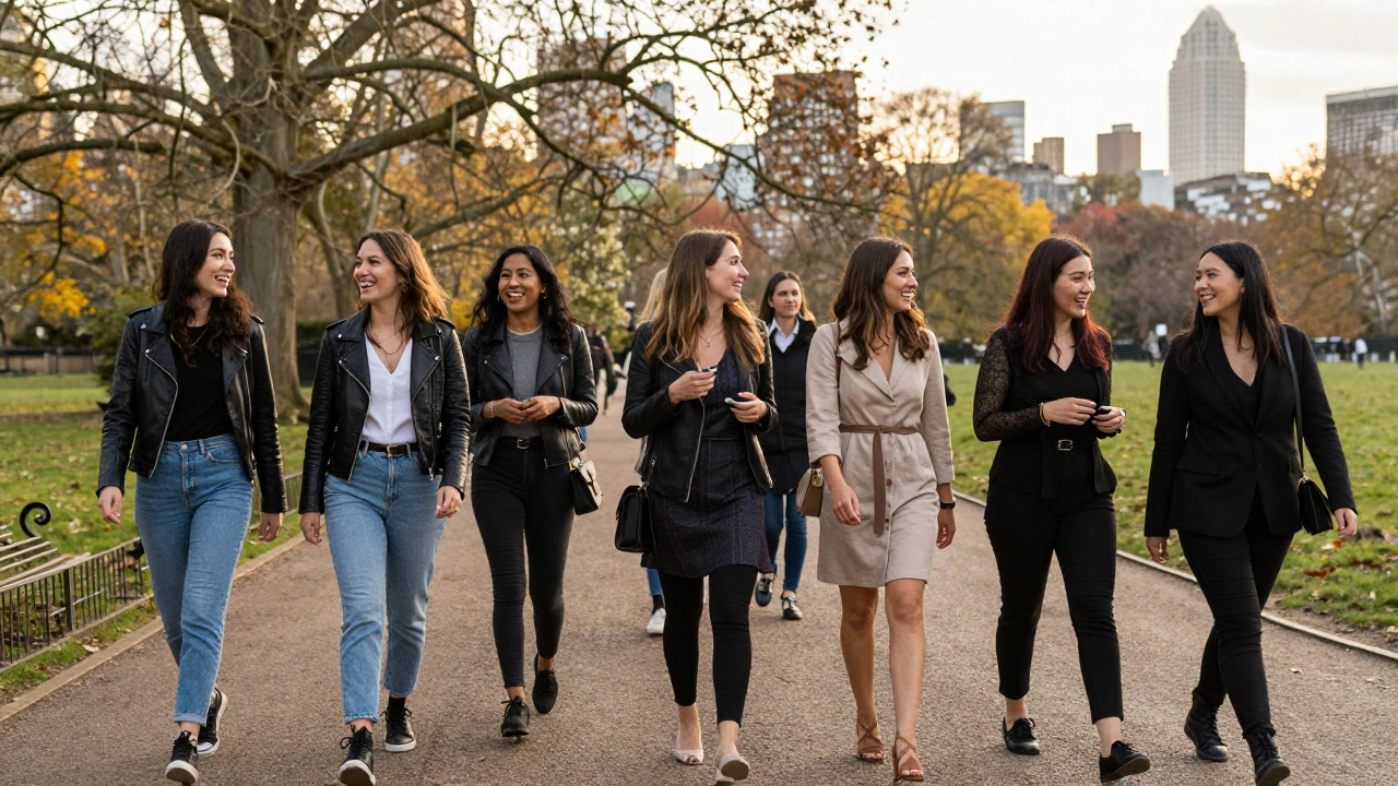 Diverse independent women walking confidently through Hyde Park at sunset, dressed in everyday stylish attire.