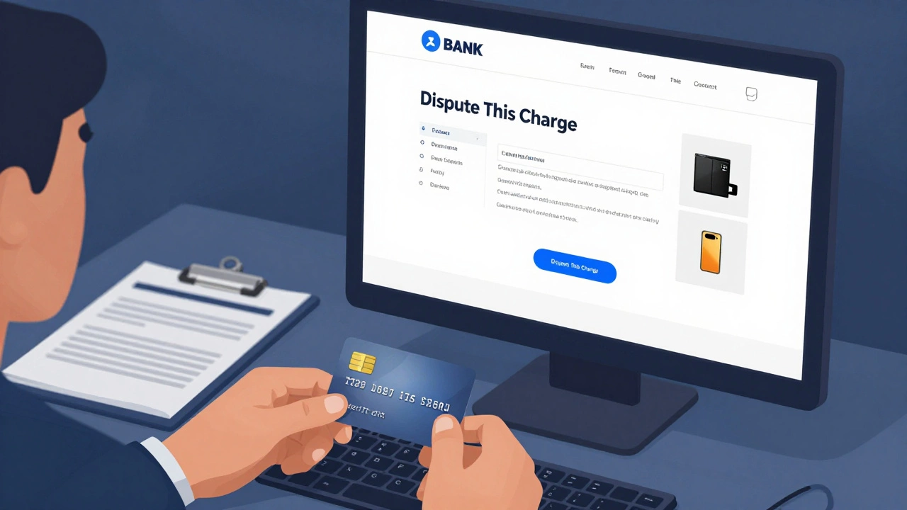 Hand disputing a credit card charge on laptop with supporting documents visible.