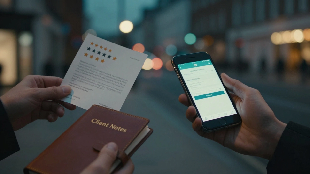 Hands exchanging a client review, payment confirmation, and journal notes in a dimly lit London night setting.