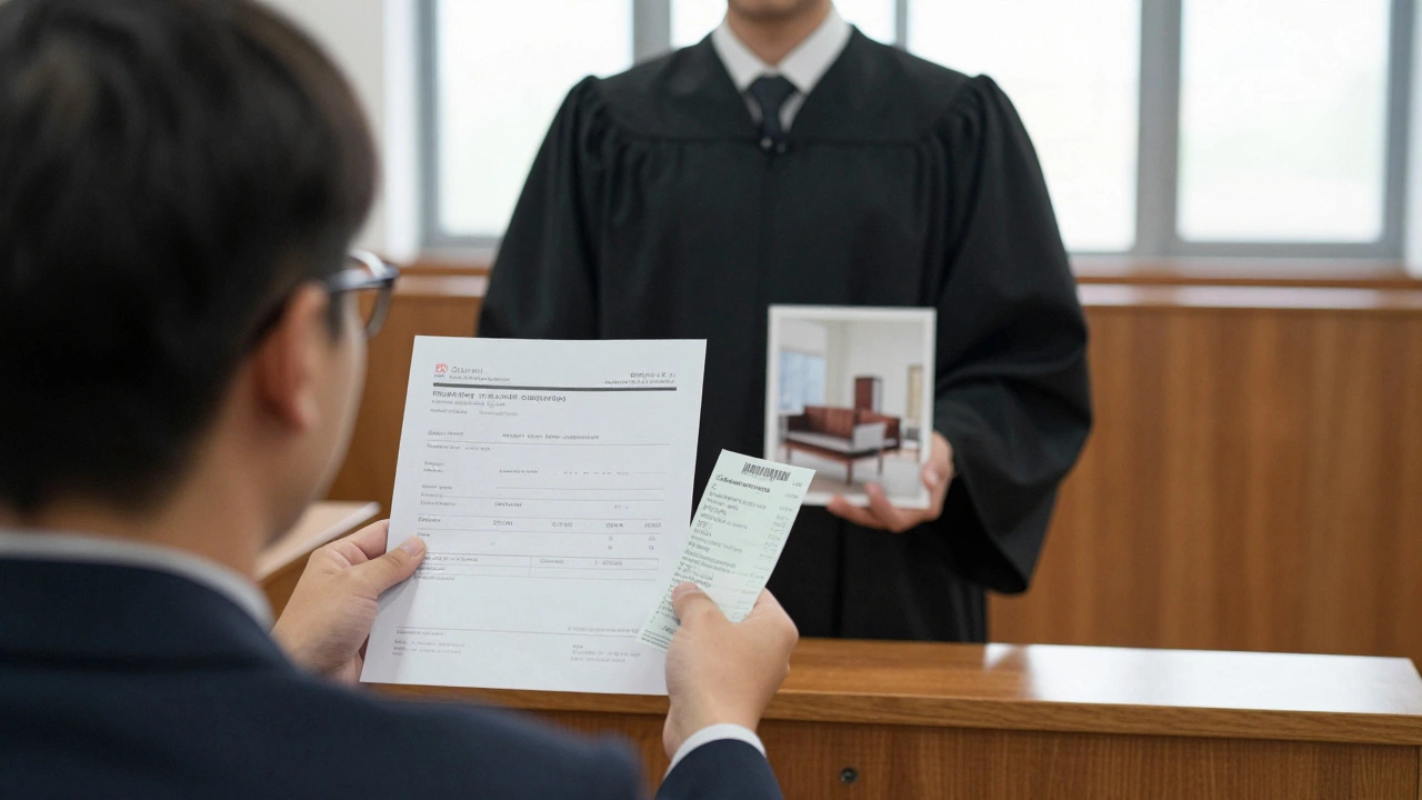 Person presenting evidence in small claims court for undelivered furniture.